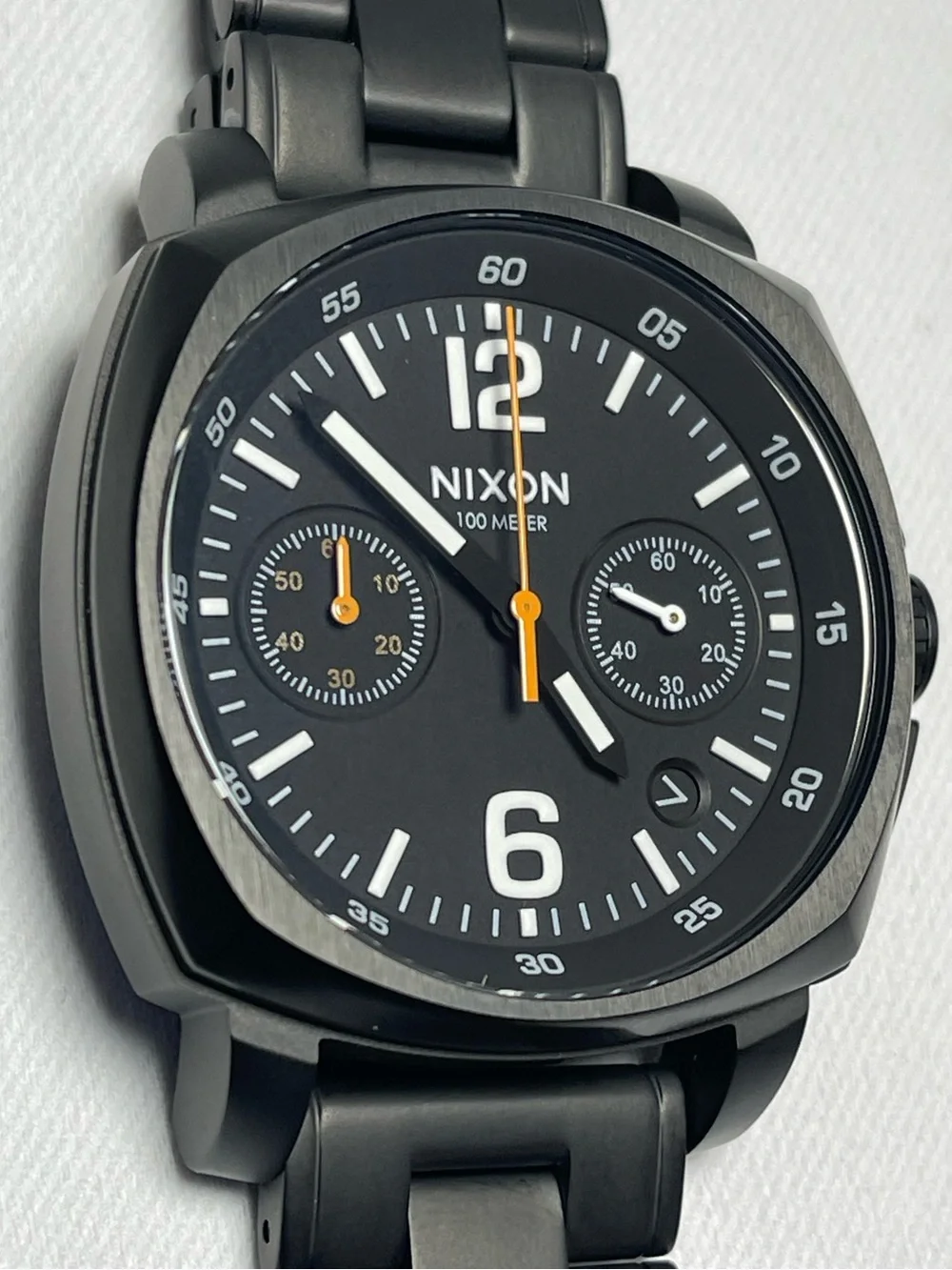 Nixon Charger Black Stainless Steel Chronograph Watch with Orange Hands